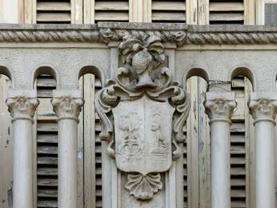 Al centro del balcone del piano nobile scorgiamo quello dei Palmieri con due leoni rampanti ai lati di una palma e, sulla destra, un cane seduto sotto una stella